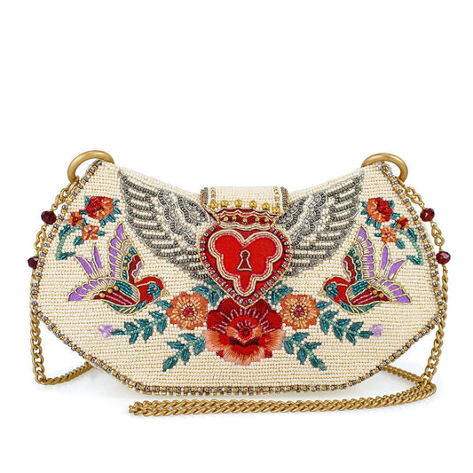 Keepsake Beaded Heart Wings and Lock Crossbody Handbag