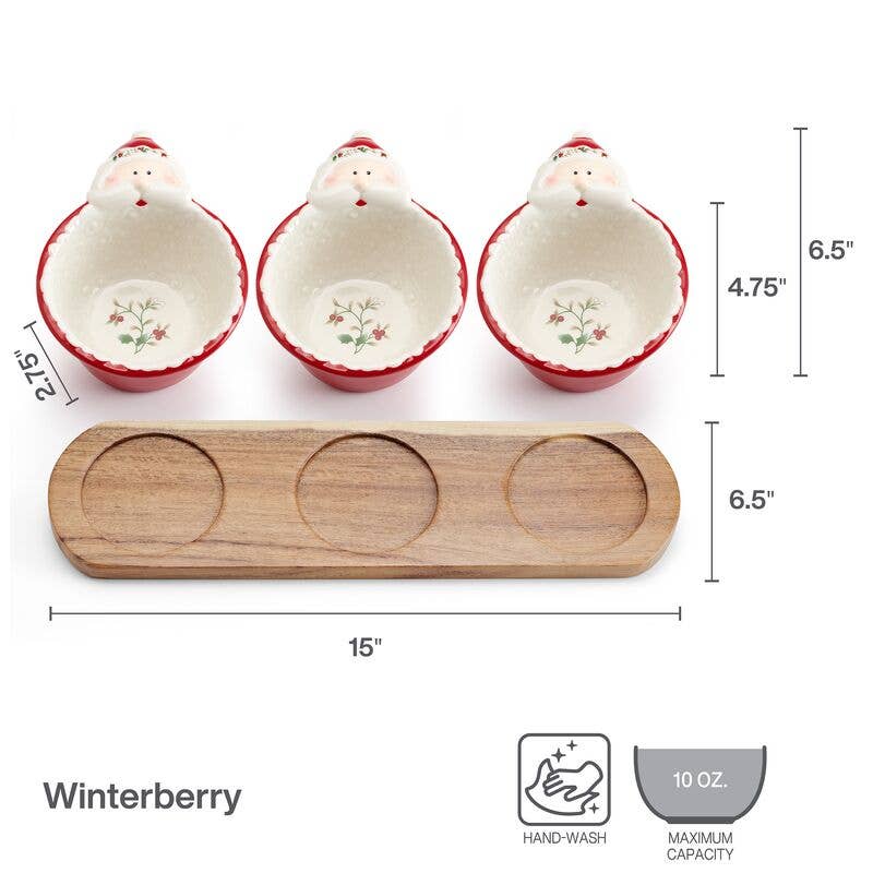 Winterberry S3 Santa Dip Bwl W Wood Base Gift Box Pkg: Dolomite / Holiday