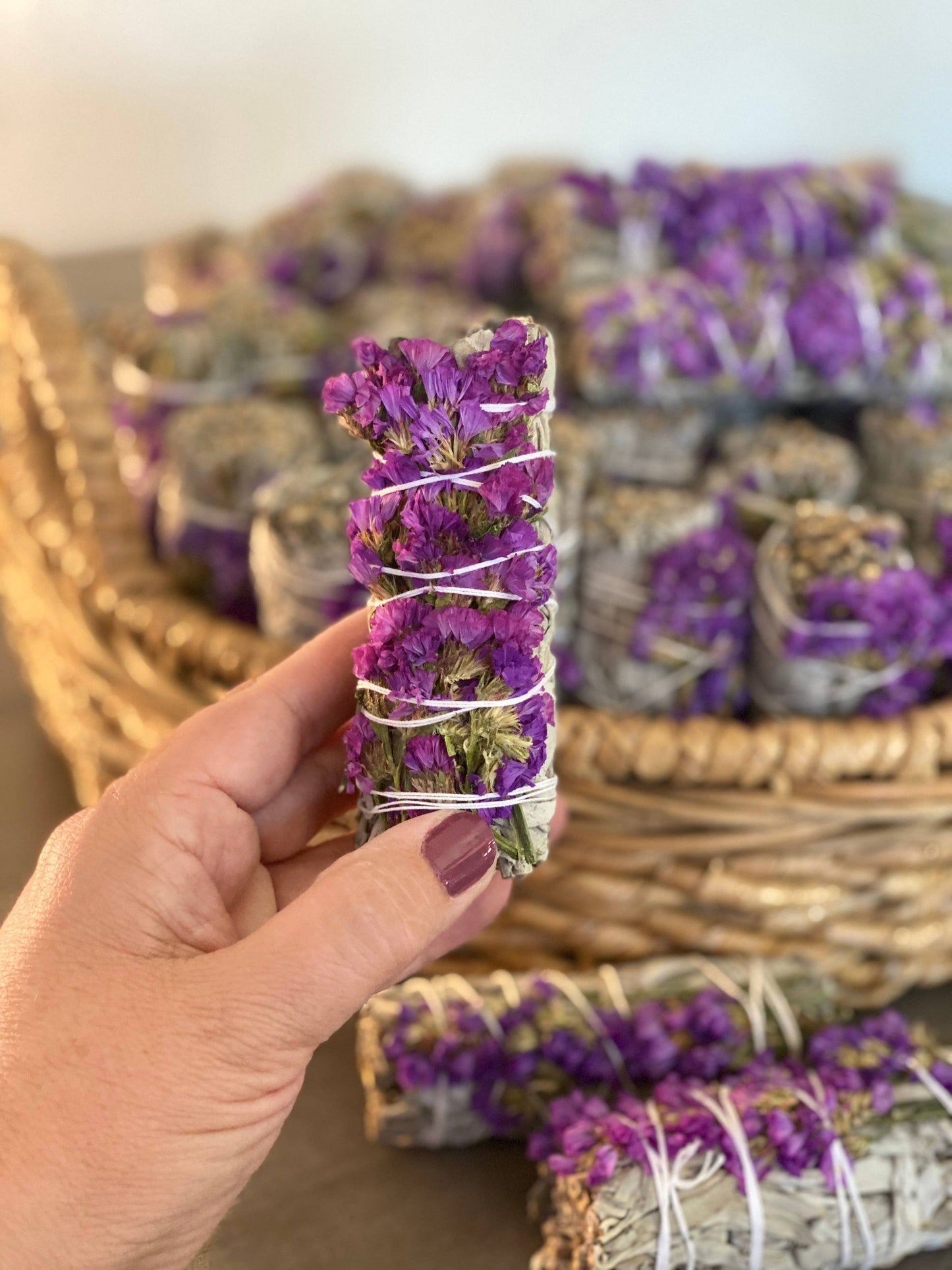 White Sage Smudge Sticks with Purple Flowers in Bulk