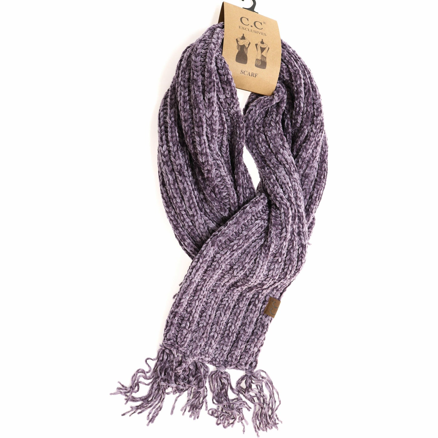 Solid Ribbed Chenille CC Scarf with Fringe: Navy
