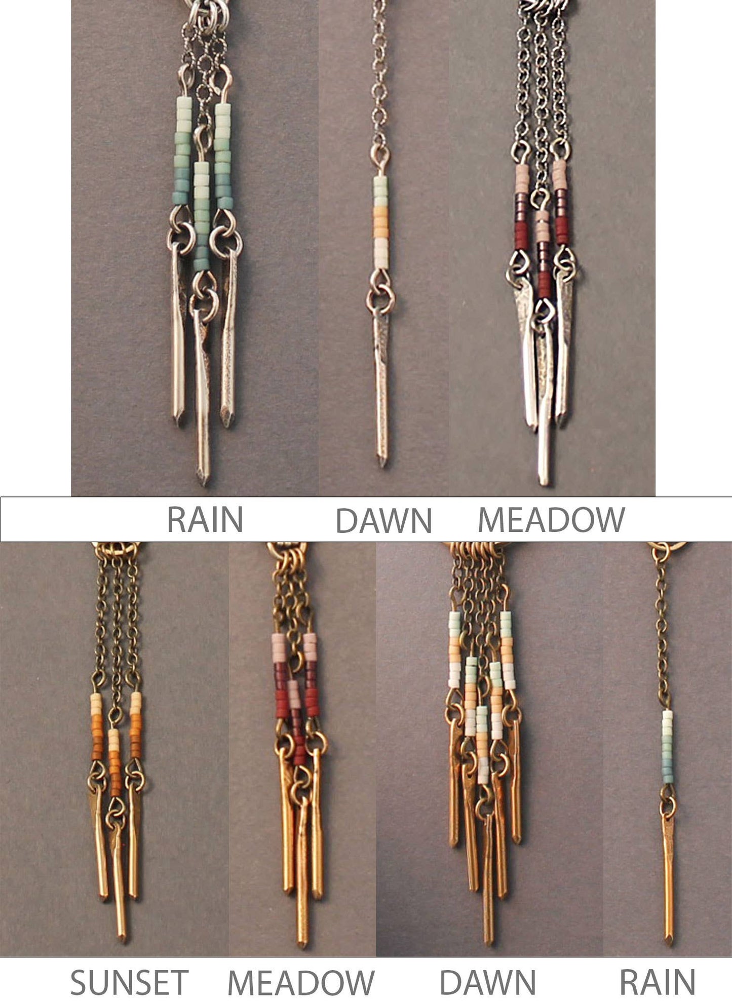 Half moon earrings in sterling silver or brass with beads: Rain (Blue) / Sterling Silver