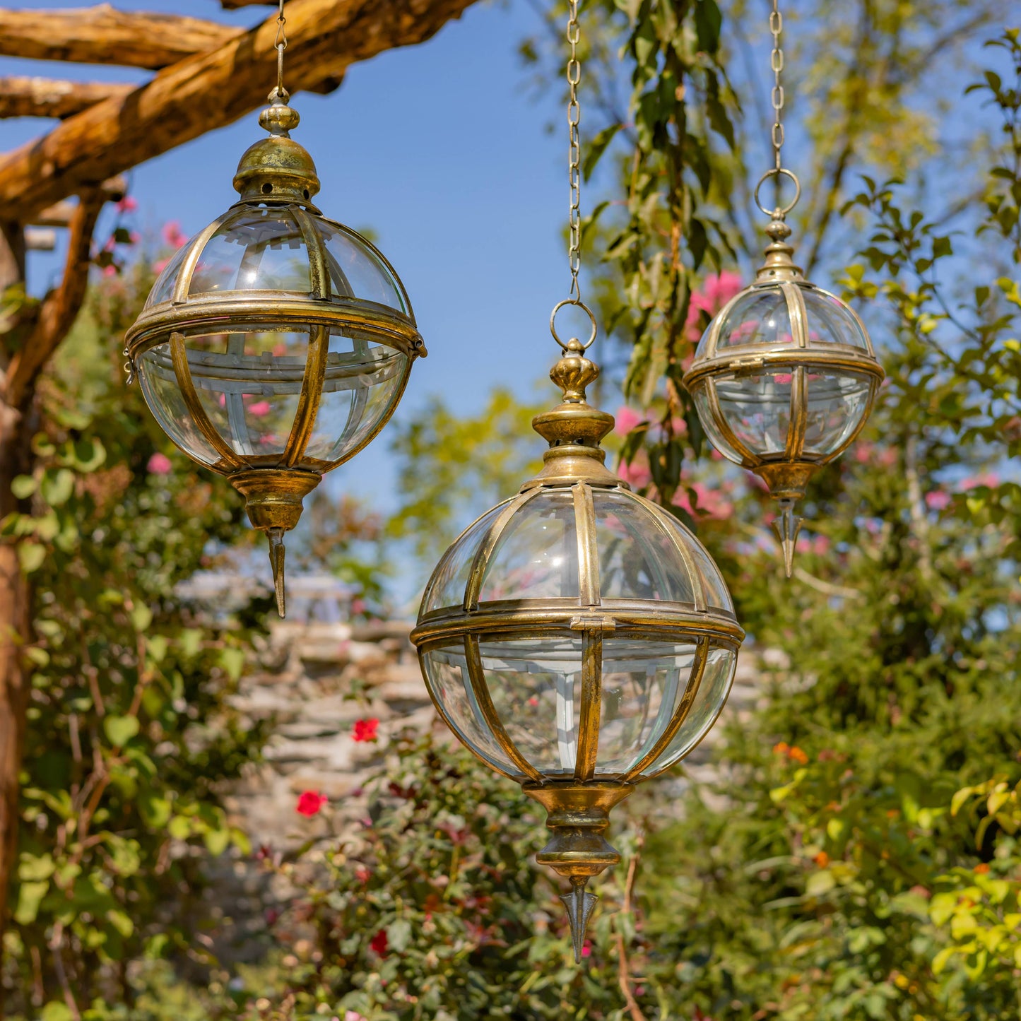Iron & Glass Hanging Globe Lanterns in Gold "Sorrento"