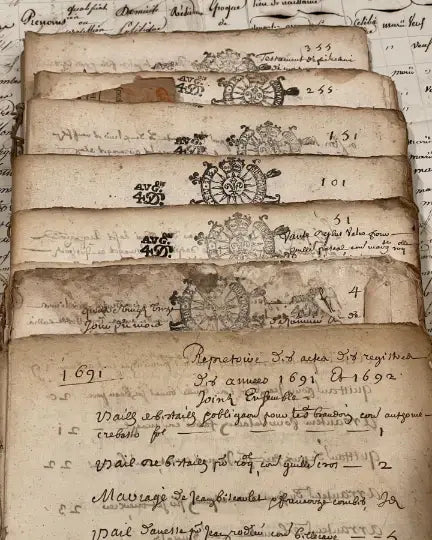 Original 1600s Stamped Antique French Script Document Pages