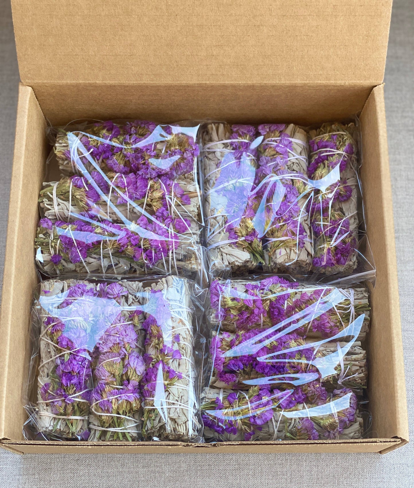 White Sage Smudge Sticks with Purple Flowers in Bulk