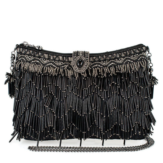 Shimmy, Black Fringe Beaded Crossbody Handbag