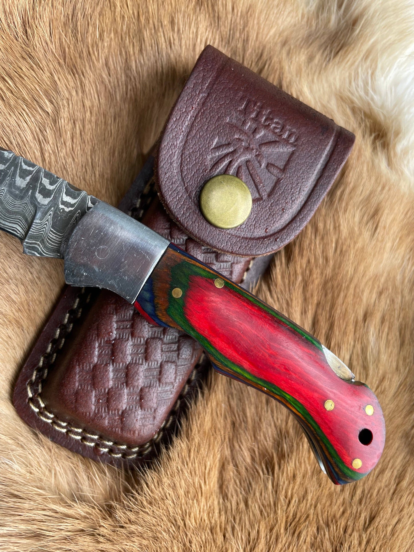 POCKET KNIFE RED DIAMOND WOOD 6.5'' DAMASCUS STEEL KNIFE STE