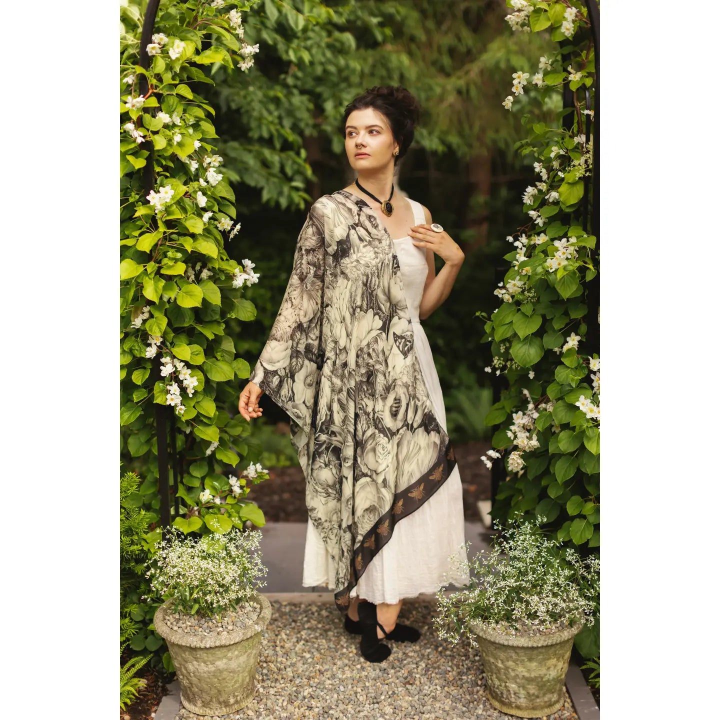 Honey & the Moon Scarf with Neutral Floral Print & Bees