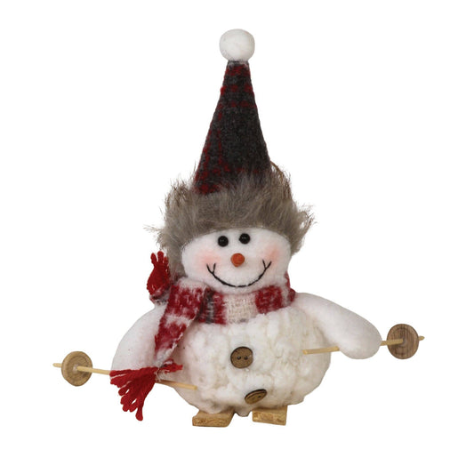 Skiing Plush Snowman Ornament w/Plaid Scarf & Hat