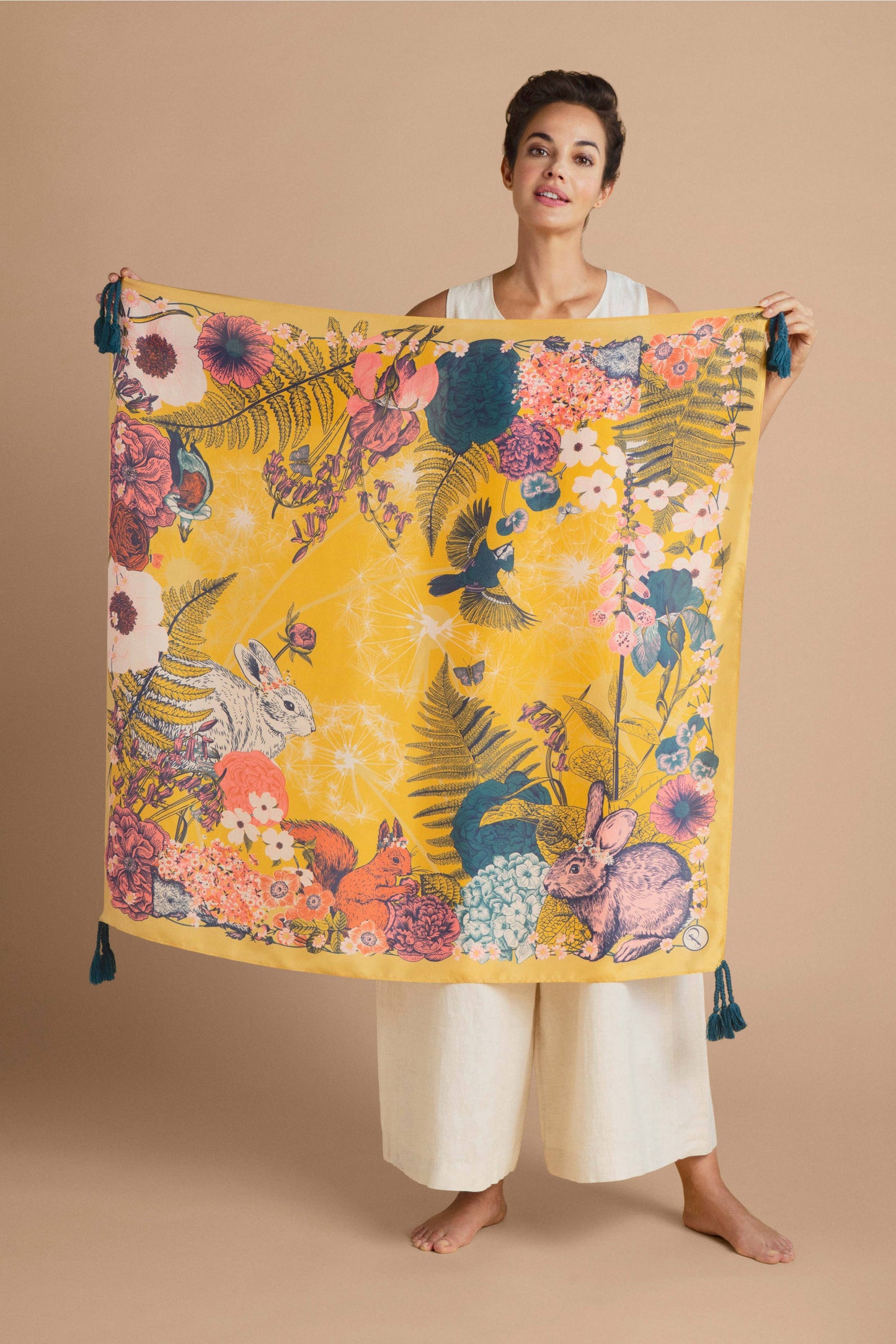 Tasselled 100% Silk Summer Woodland in Mustard Scarf