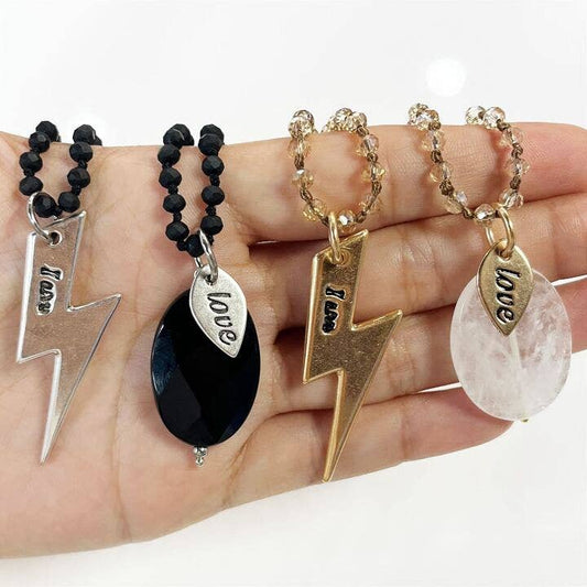 LIGHTNING BOLT | DESIGN YOUR OWN | Original Necklace: Gold Finish / beige / crystal quartz