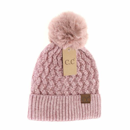 Woven Cable Knit Cuffed Matching Fur Pom - Mauve