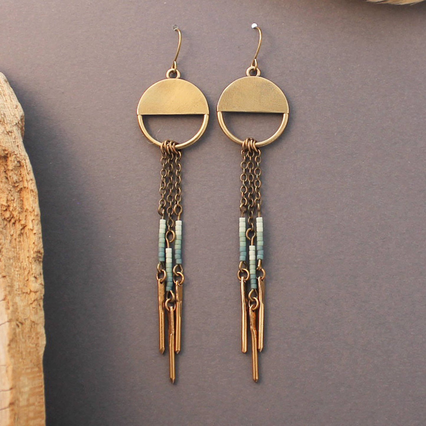 Half moon earrings in sterling silver or brass with beads: Rain (Blue) / Sterling Silver