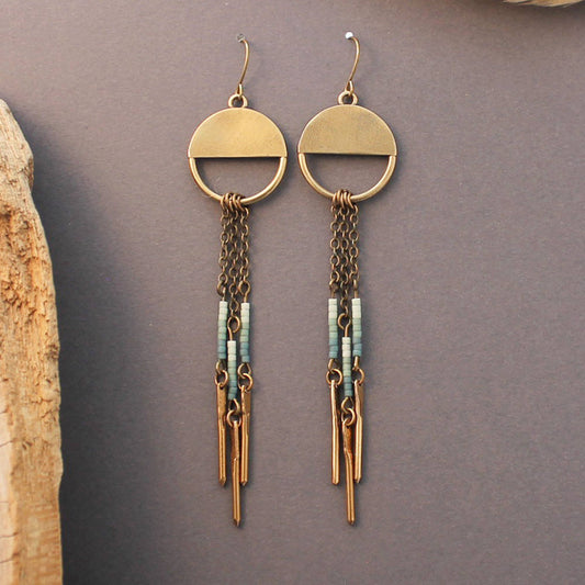 Half moon earrings in sterling silver or brass with beads: Rain (Blue) / Sterling Silver
