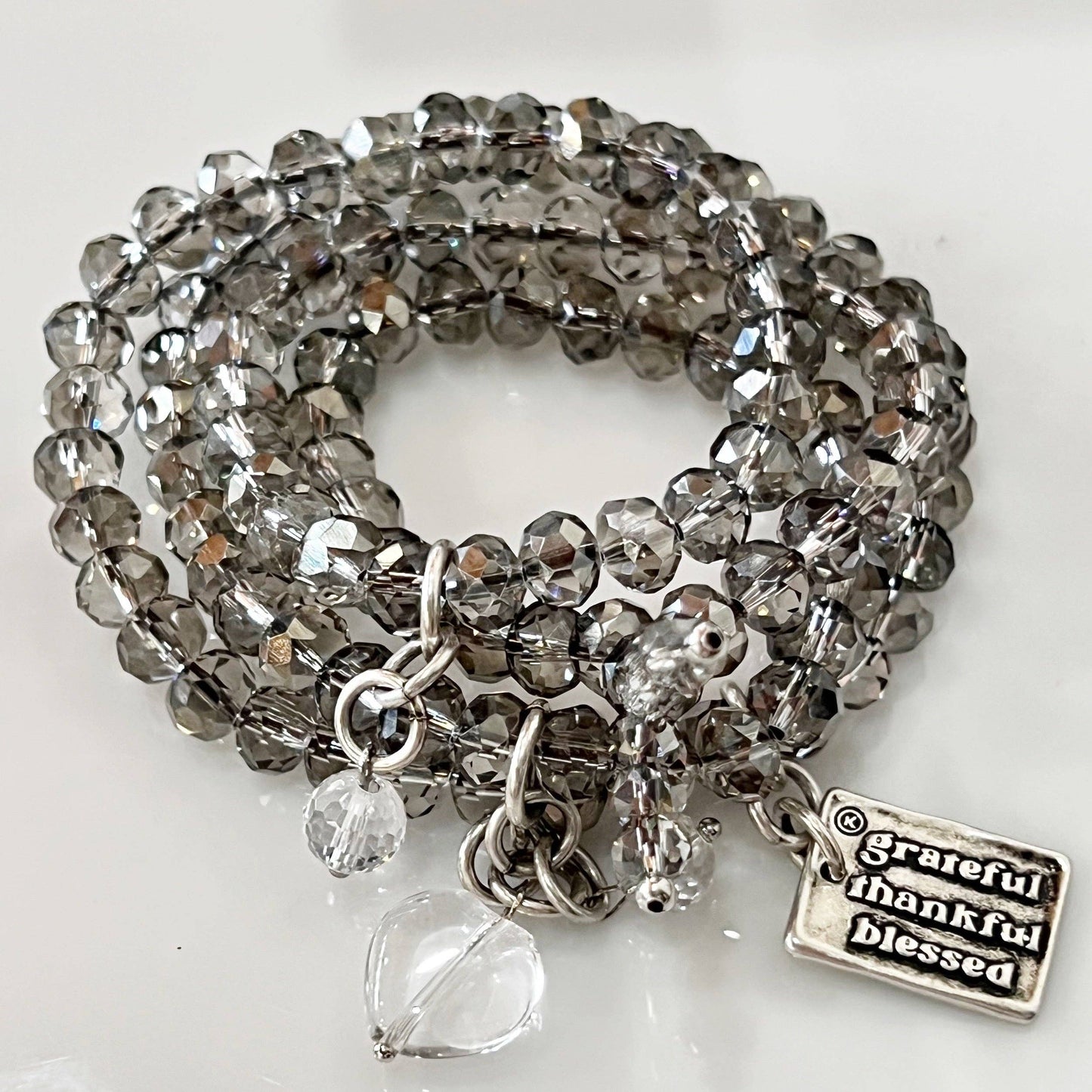 GRATEFUL THANKFUL BLESSED | Crystal Boho Wrap: S/M / Silver Finish Pendant