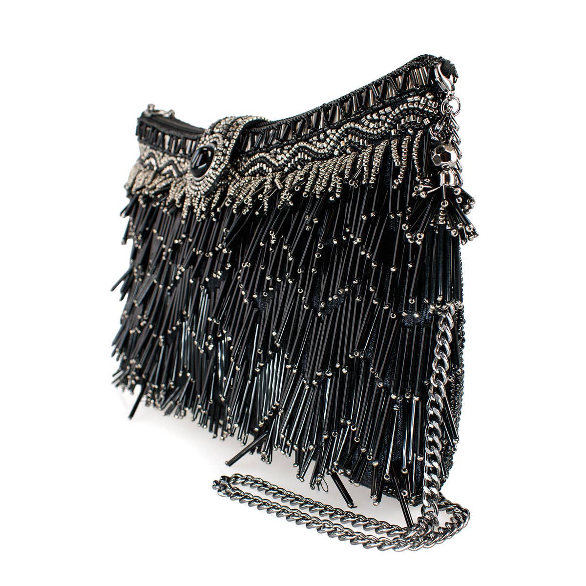 Shimmy, Black Fringe Beaded Crossbody Handbag