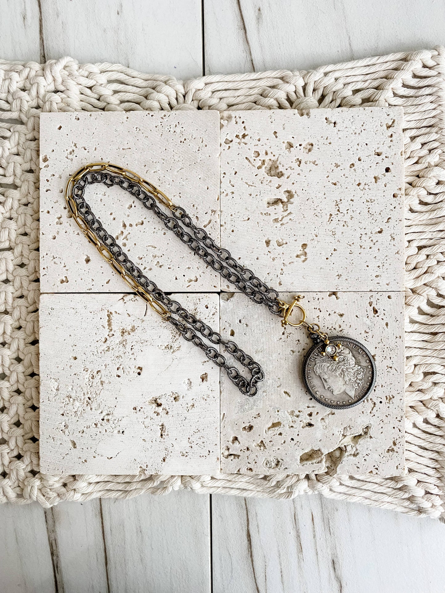 Relic Coin and Cross Necklace: Antique Bronze 30"