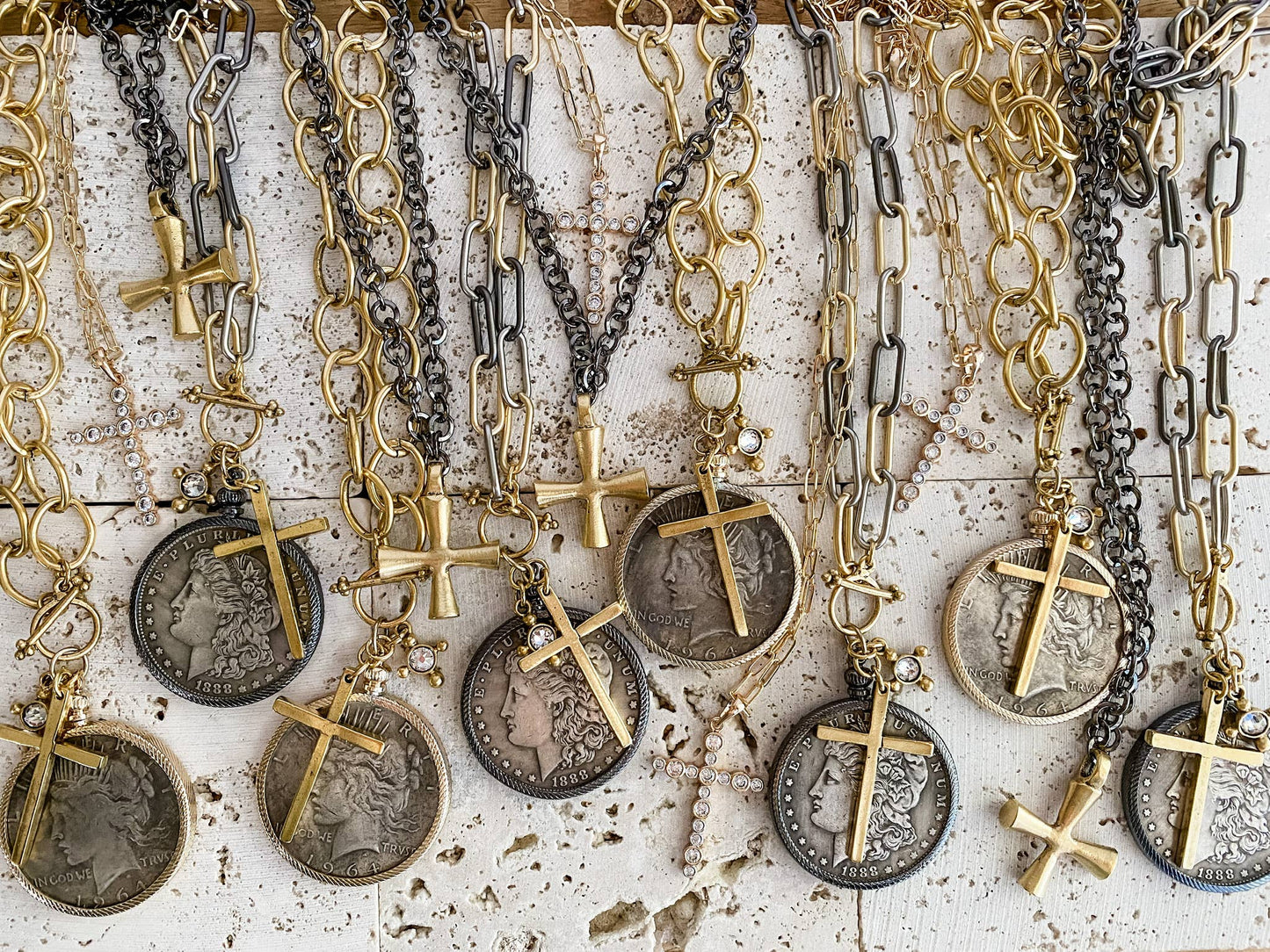 Relic Coin and Cross Necklace: Antique Bronze 30"