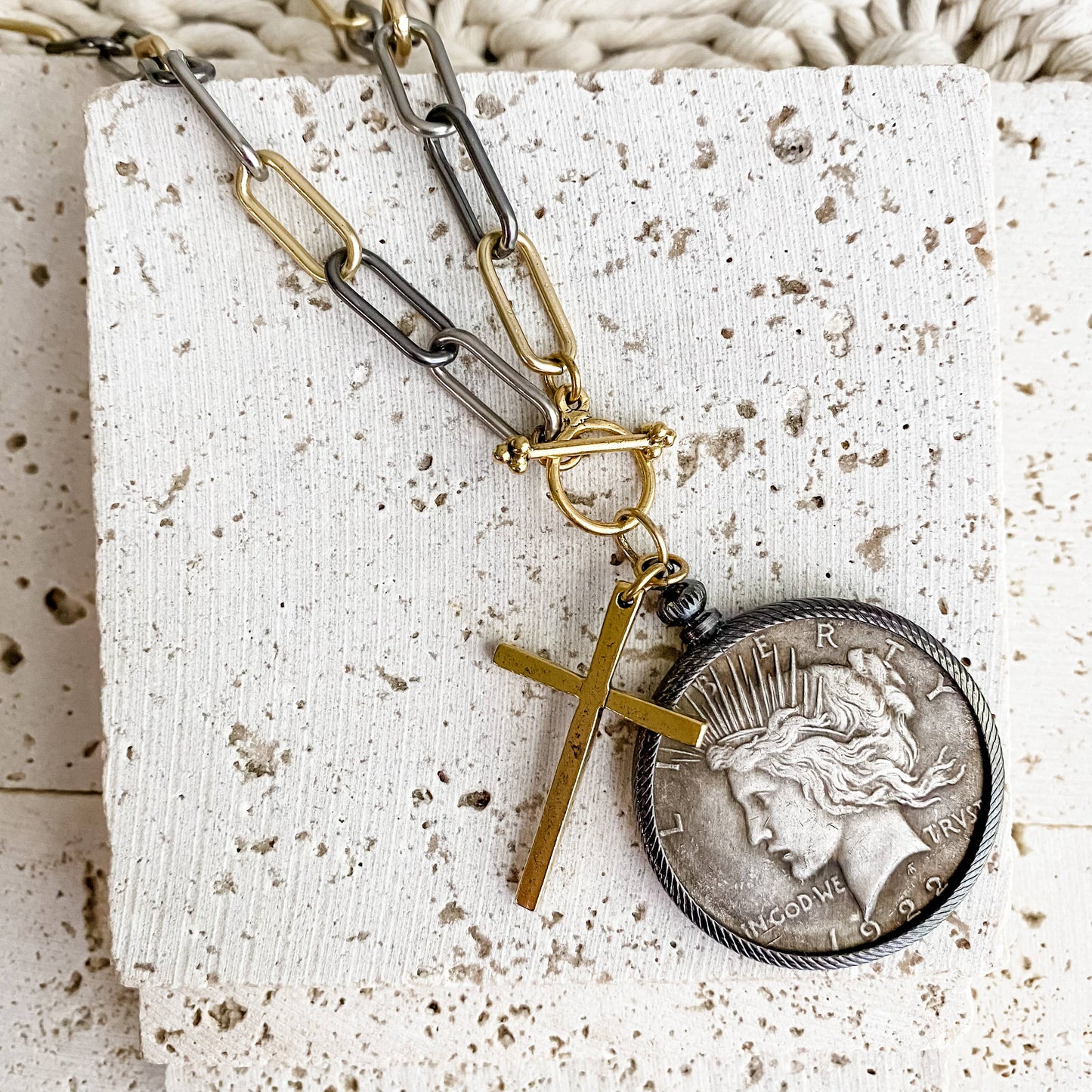 Relic Coin and Cross Necklace: Antique Bronze 30"