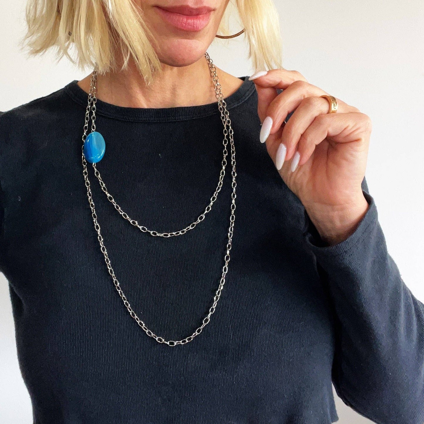 SINGLE CHAIN | BLUE AGATE | Layering Necklace: Silver