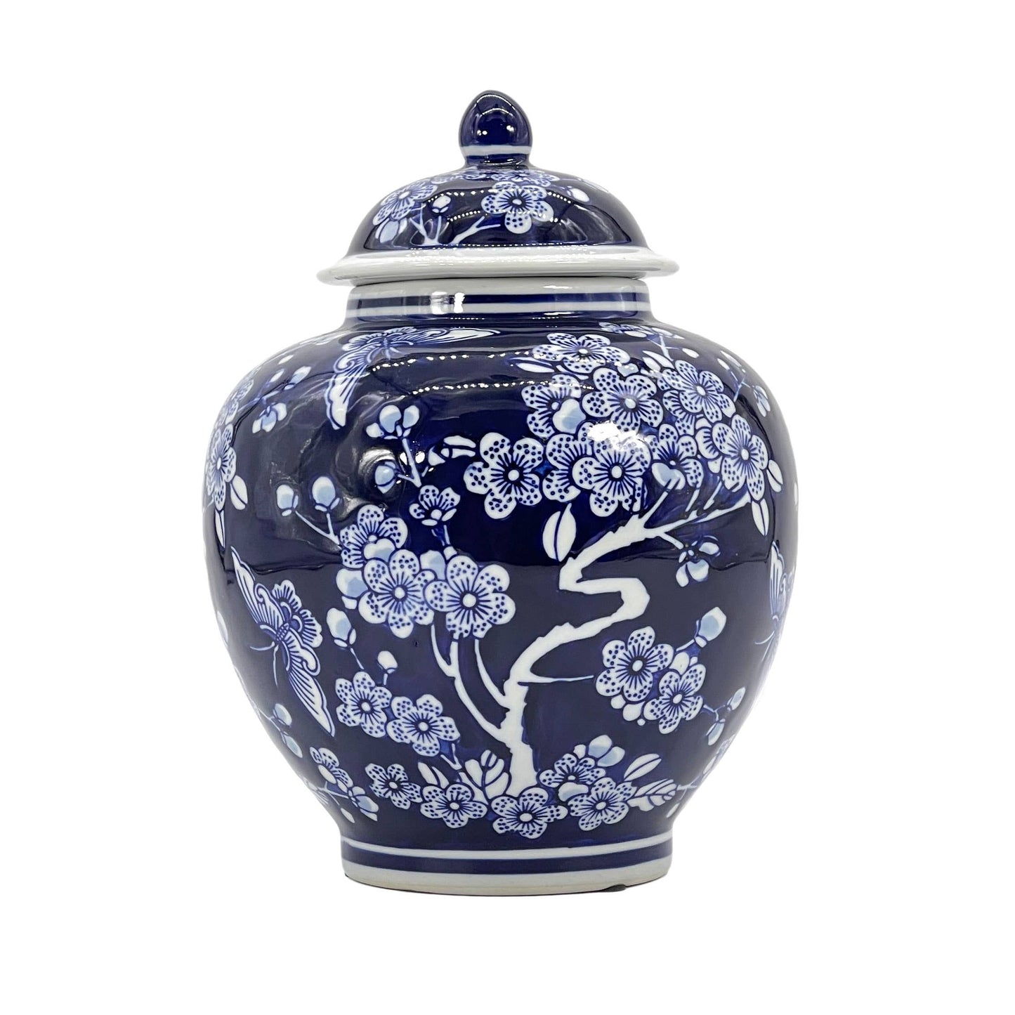 Classic  Floral Ceramic Ginger Jar 10": White & Light Blue