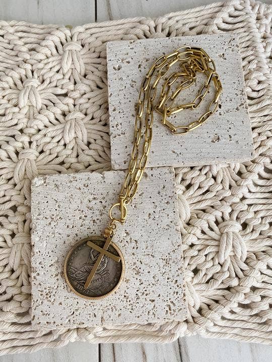 Relic Coin and Cross Necklace: Antique Bronze 30"