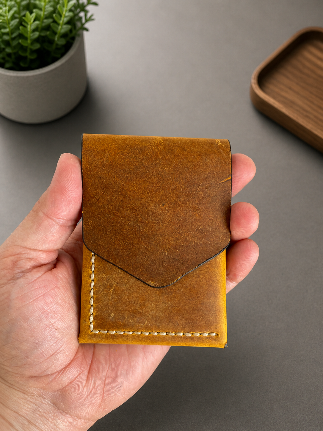 Leather Cash Wallet, Hand Stitched Minimalist Wallet: Gray
