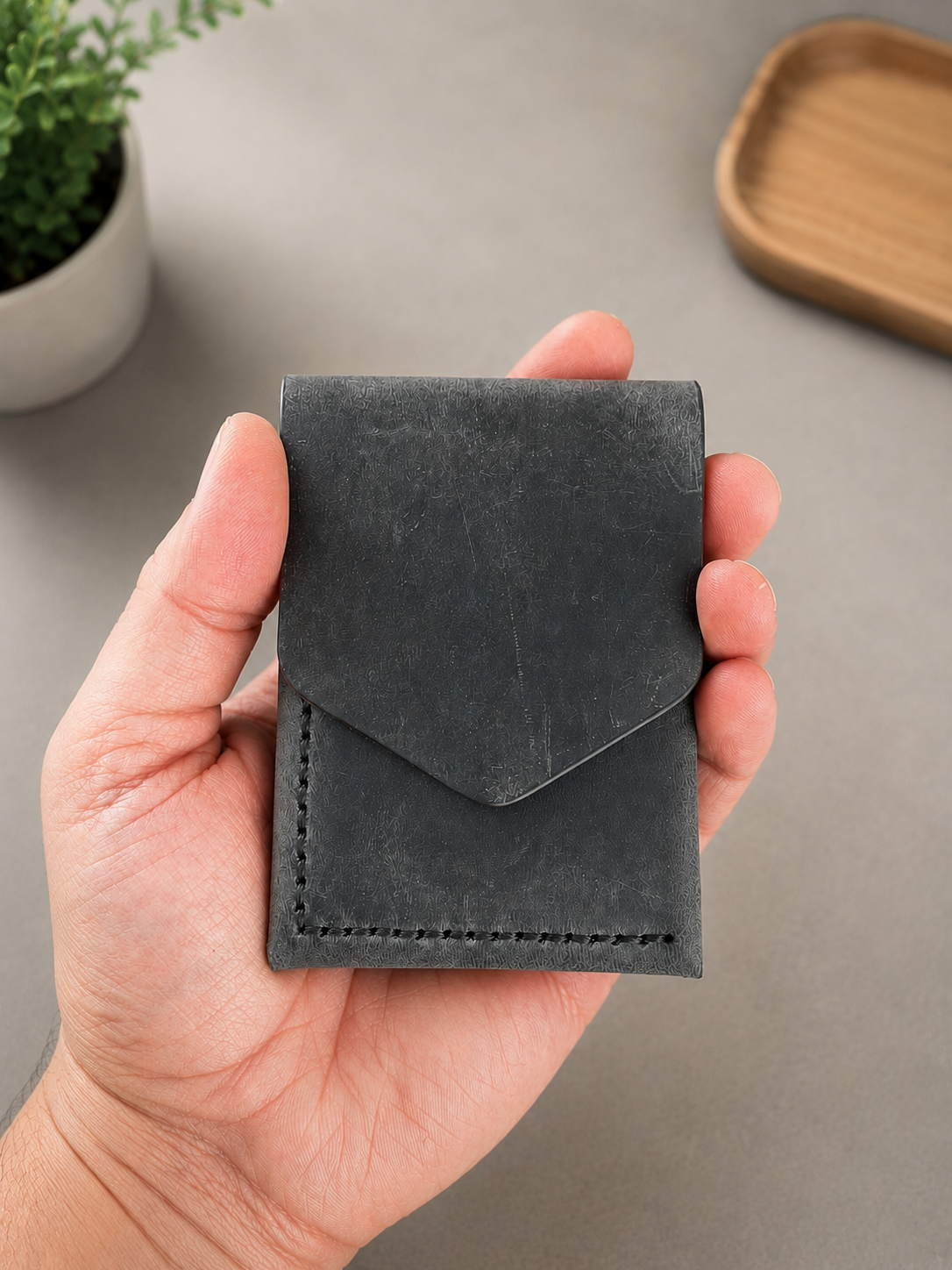 Leather Cash Wallet, Hand Stitched Minimalist Wallet: Gray