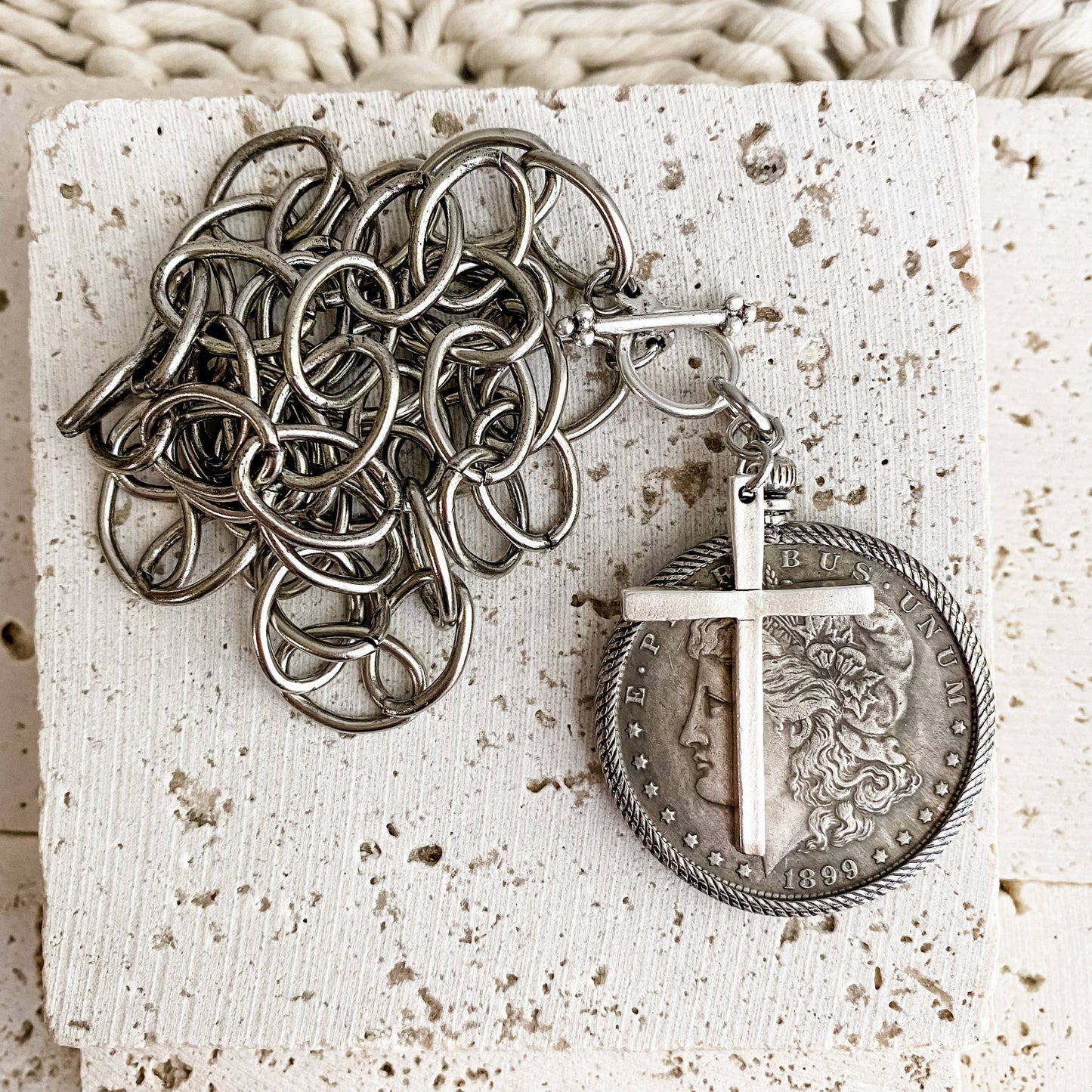 Relic Coin and Cross Necklace: Antique Bronze 30"
