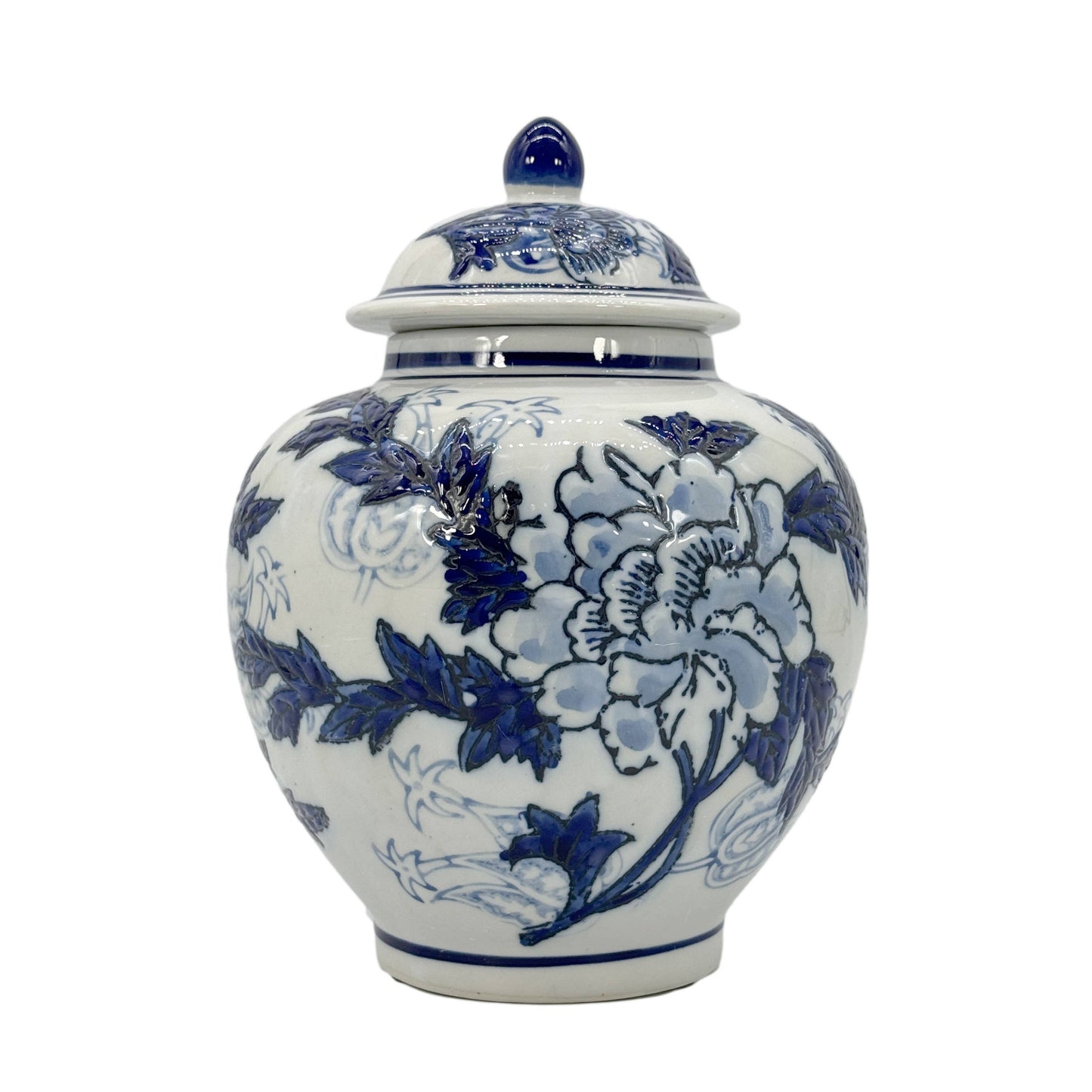 Classic Blue & White Floral Ceramic Ginger Jar 10"