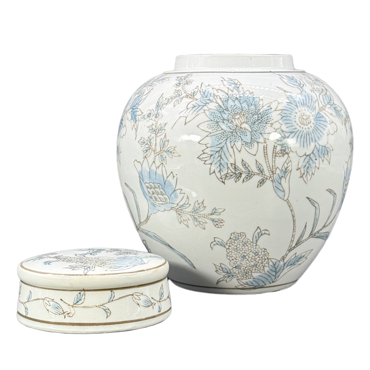 Classic  Floral Ceramic Ginger Jar 10": White & Light Blue
