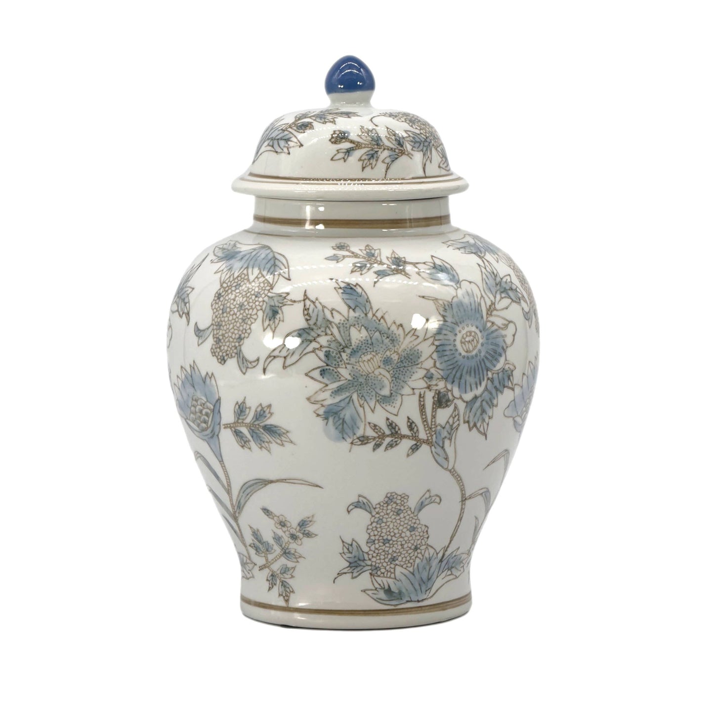 White & Blue Floral  Ceramic Chinoiserie Jar 12"