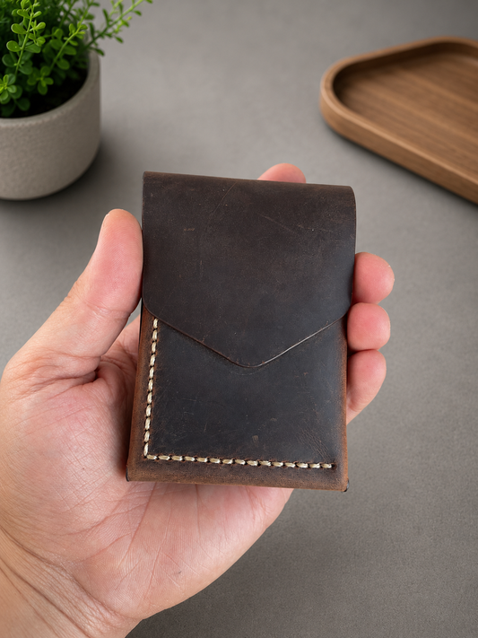 Leather Cash Wallet, Hand Stitched Minimalist Wallet: Dark Brown