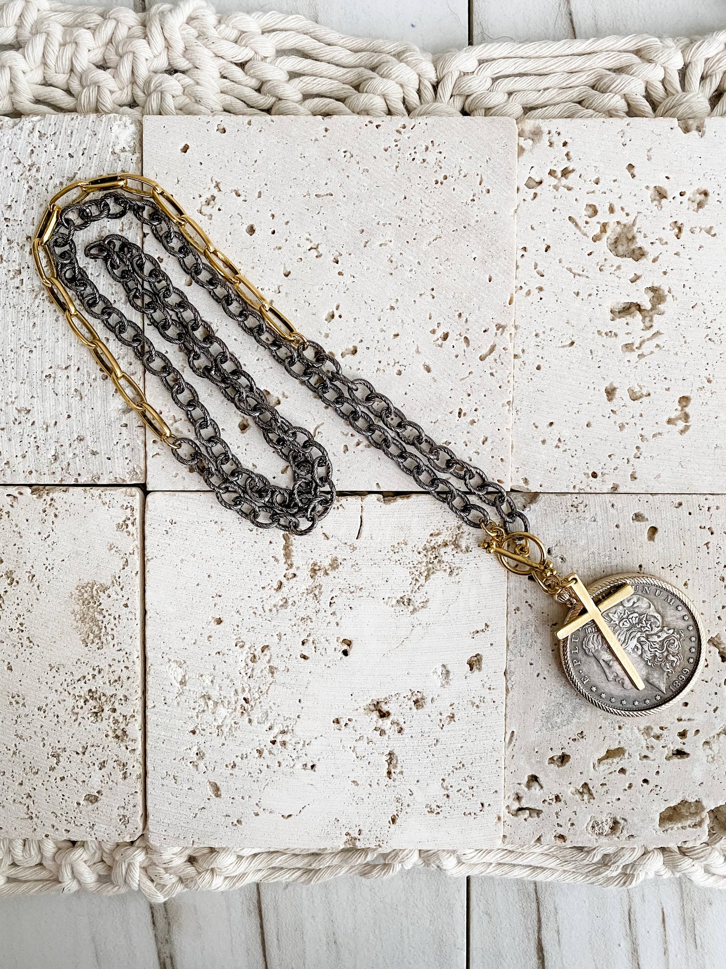 Relic Coin and Cross Necklace: Antique Bronze 30"