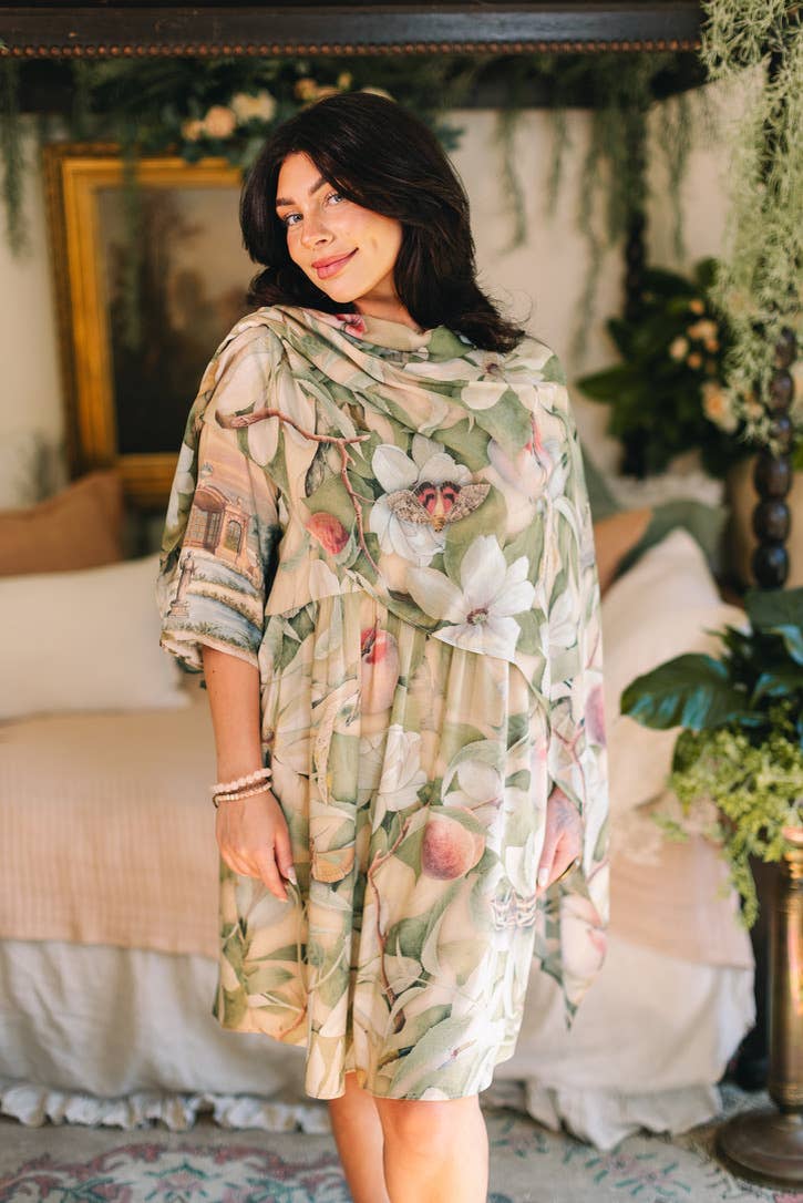 Fleur De Soleil Scarf with Magnolia Floral Print & Butterfly