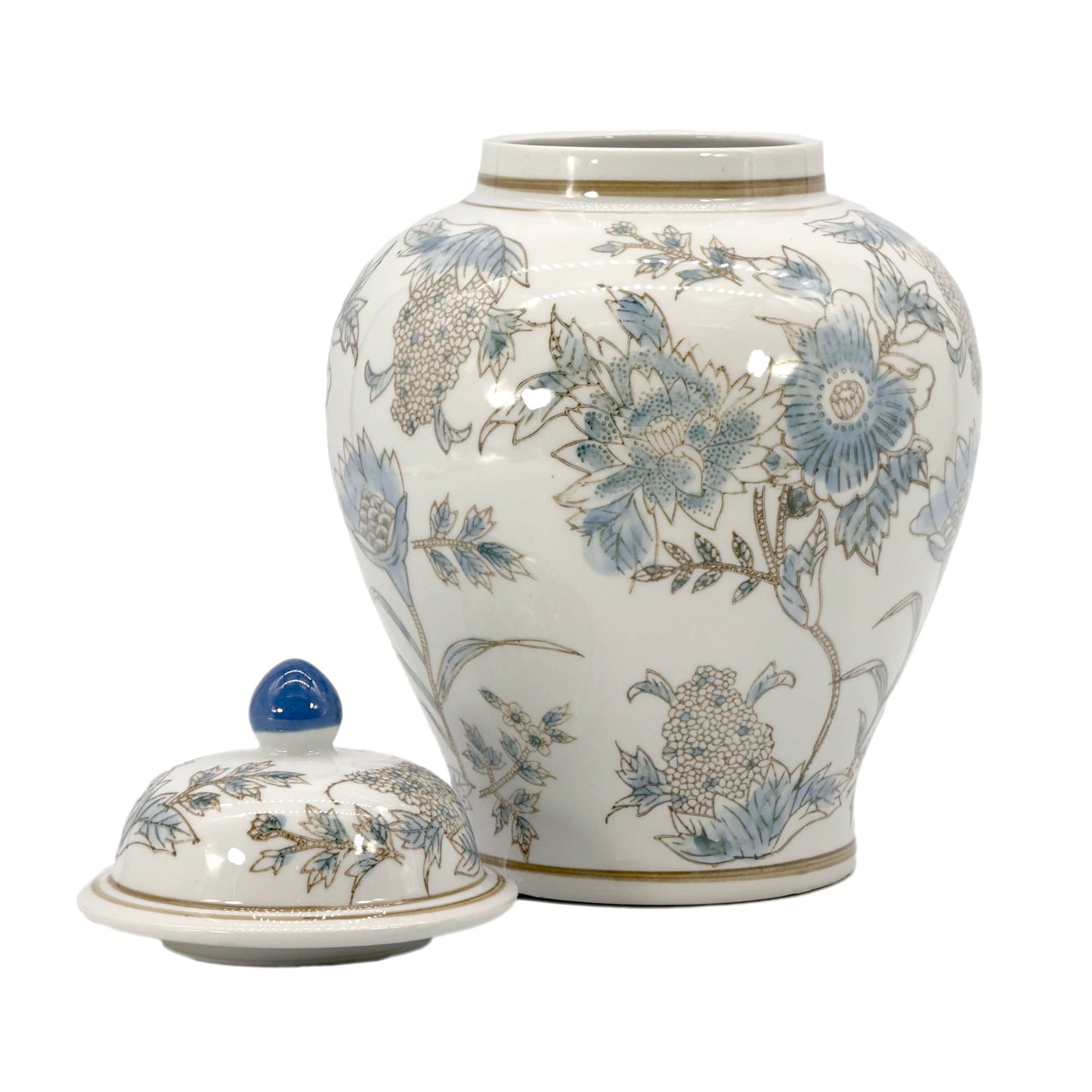 White & Blue Floral  Ceramic Chinoiserie Jar 12"