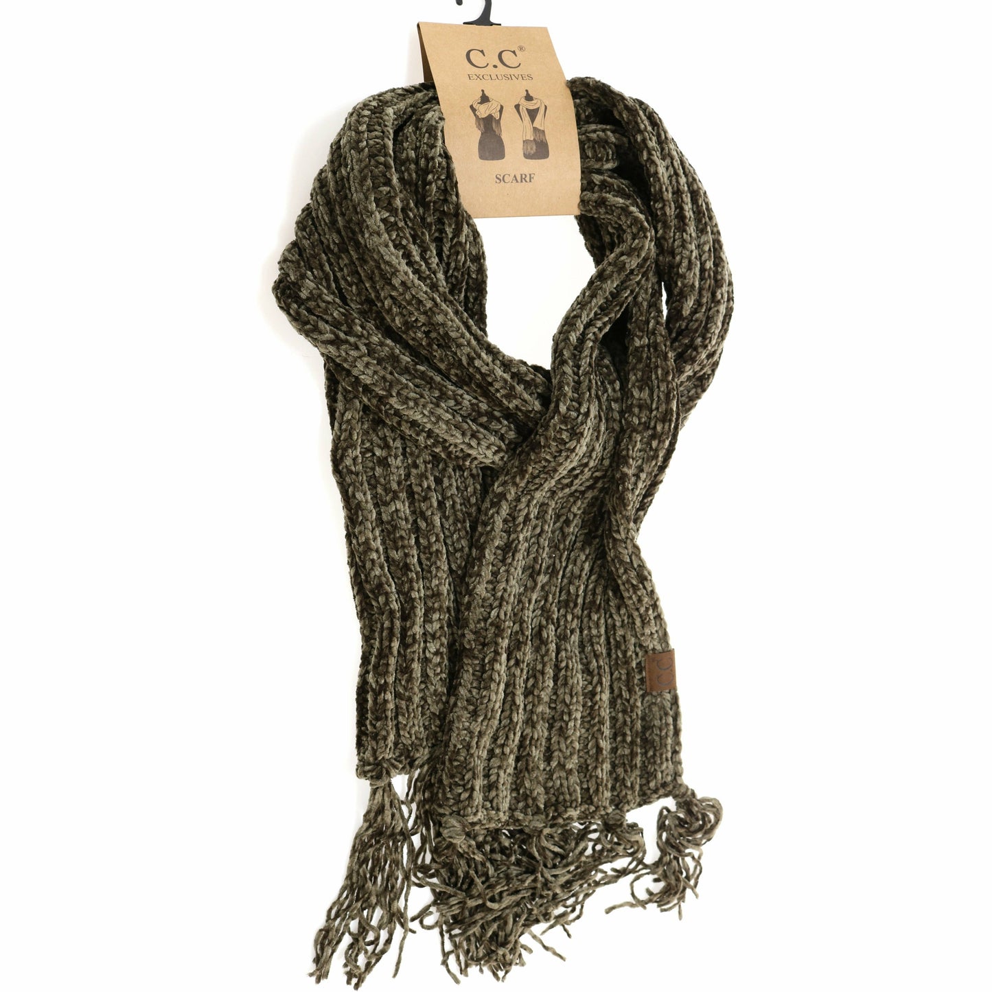 Solid Ribbed Chenille CC Scarf with Fringe: Navy
