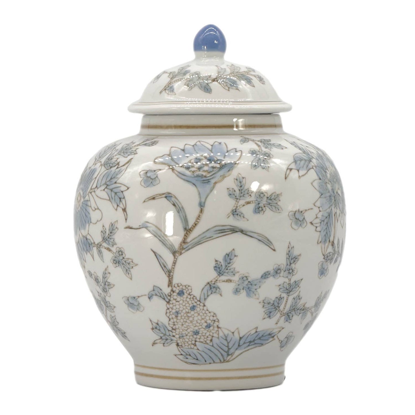 Classic  Floral Ceramic Ginger Jar 10": White & Light Blue