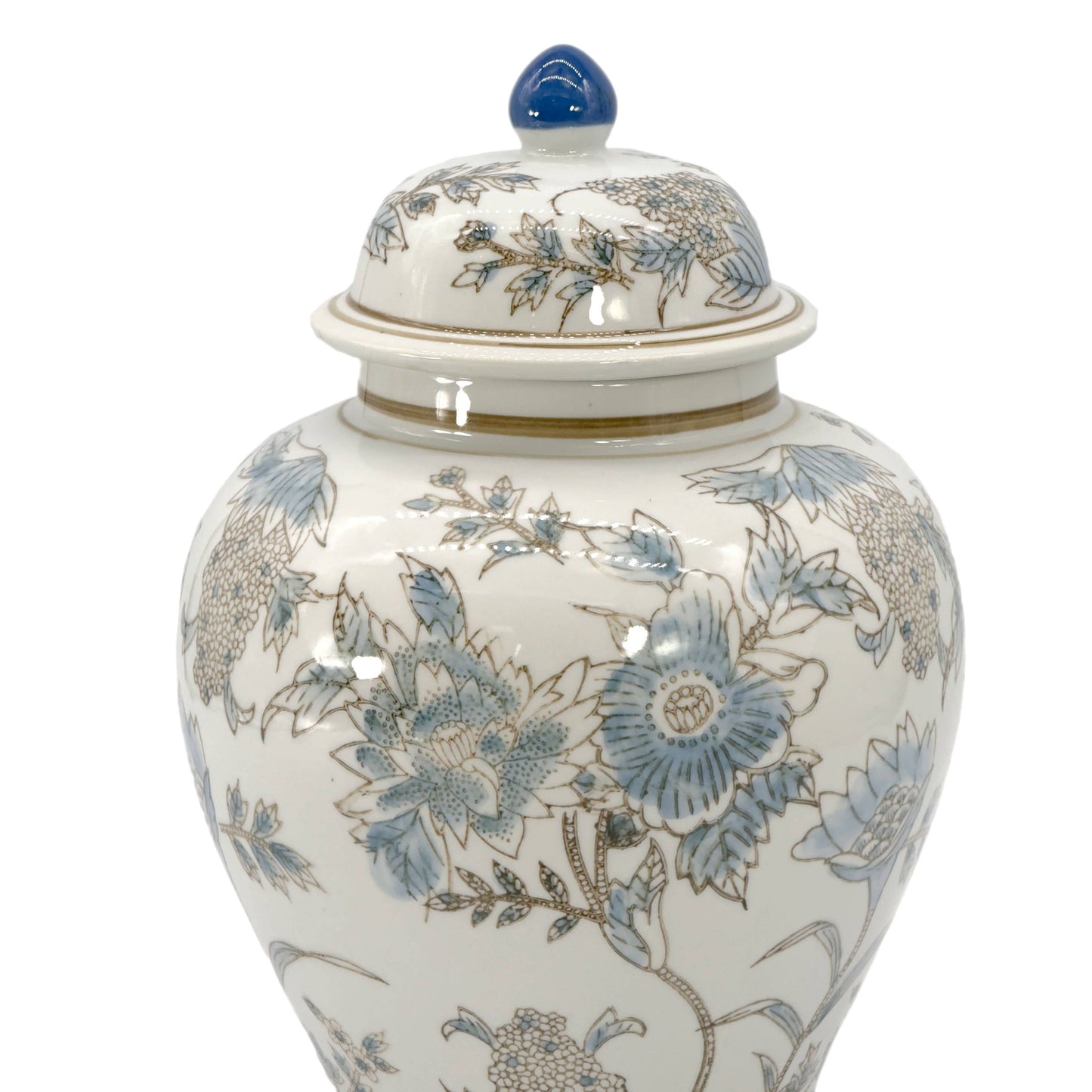 White & Blue Floral  Ceramic Chinoiserie Jar 12"