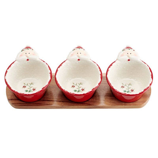 Winterberry S3 Santa Dip Bwl W Wood Base Gift Box Pkg: Dolomite / Holiday