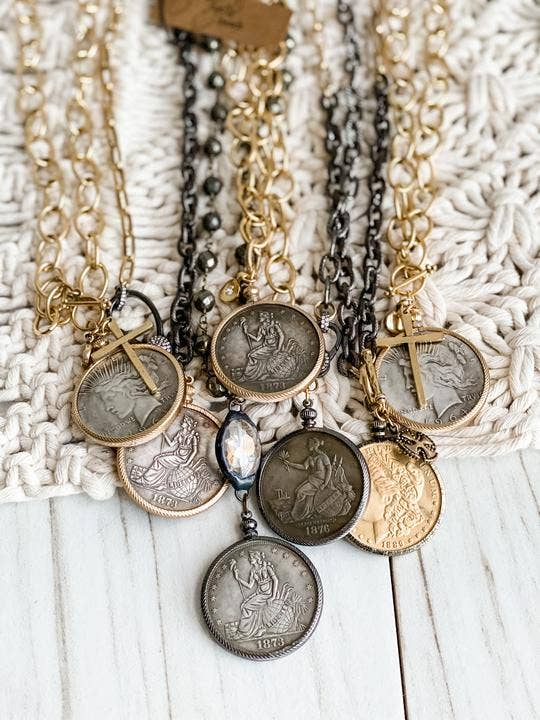 Relic Coin and Cross Necklace: Antique Bronze 30"