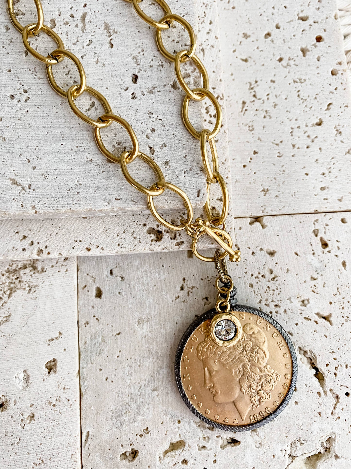 Relic Coin and Cross Necklace: Antique Bronze 30"
