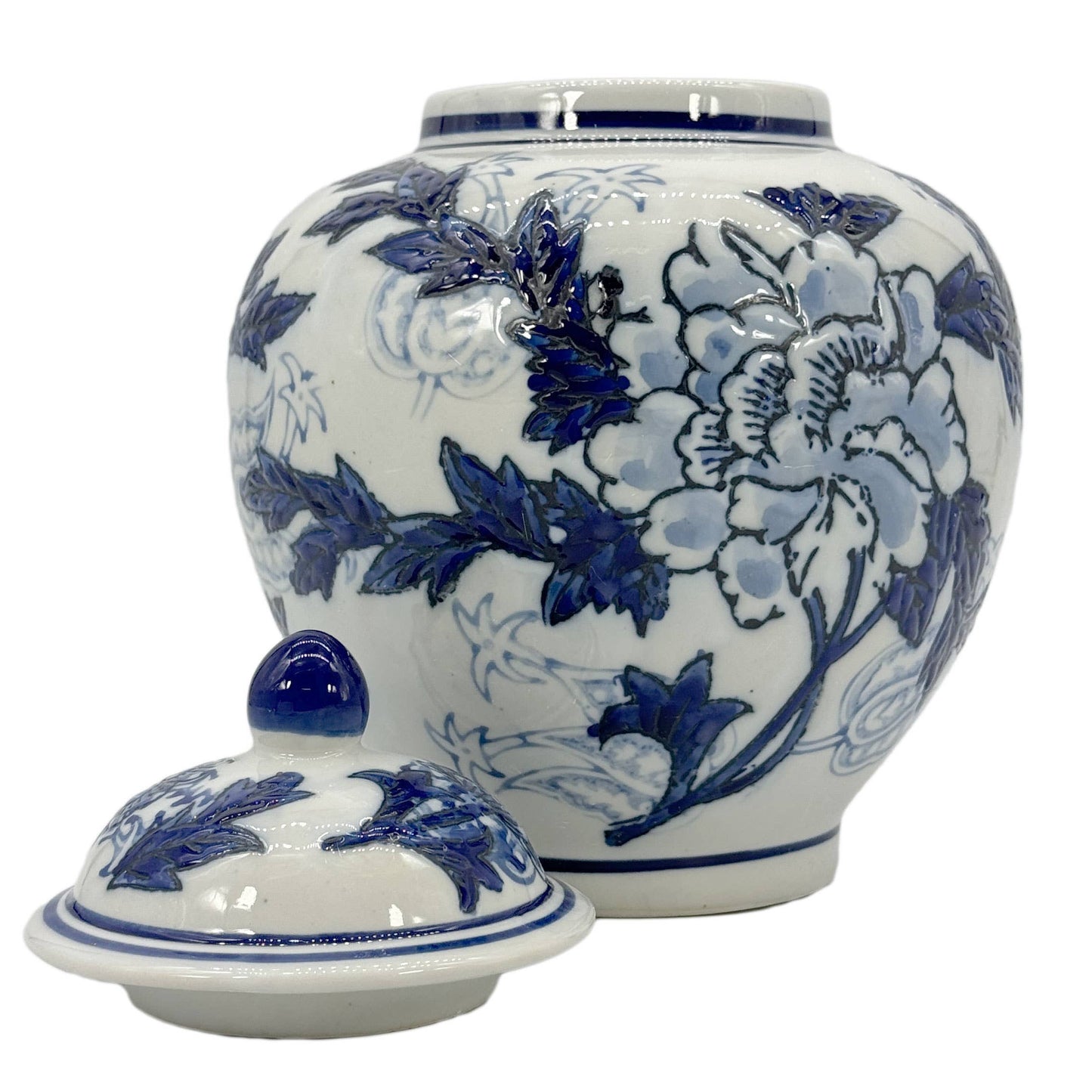 Classic  Floral Ceramic Ginger Jar 10": White & Light Blue