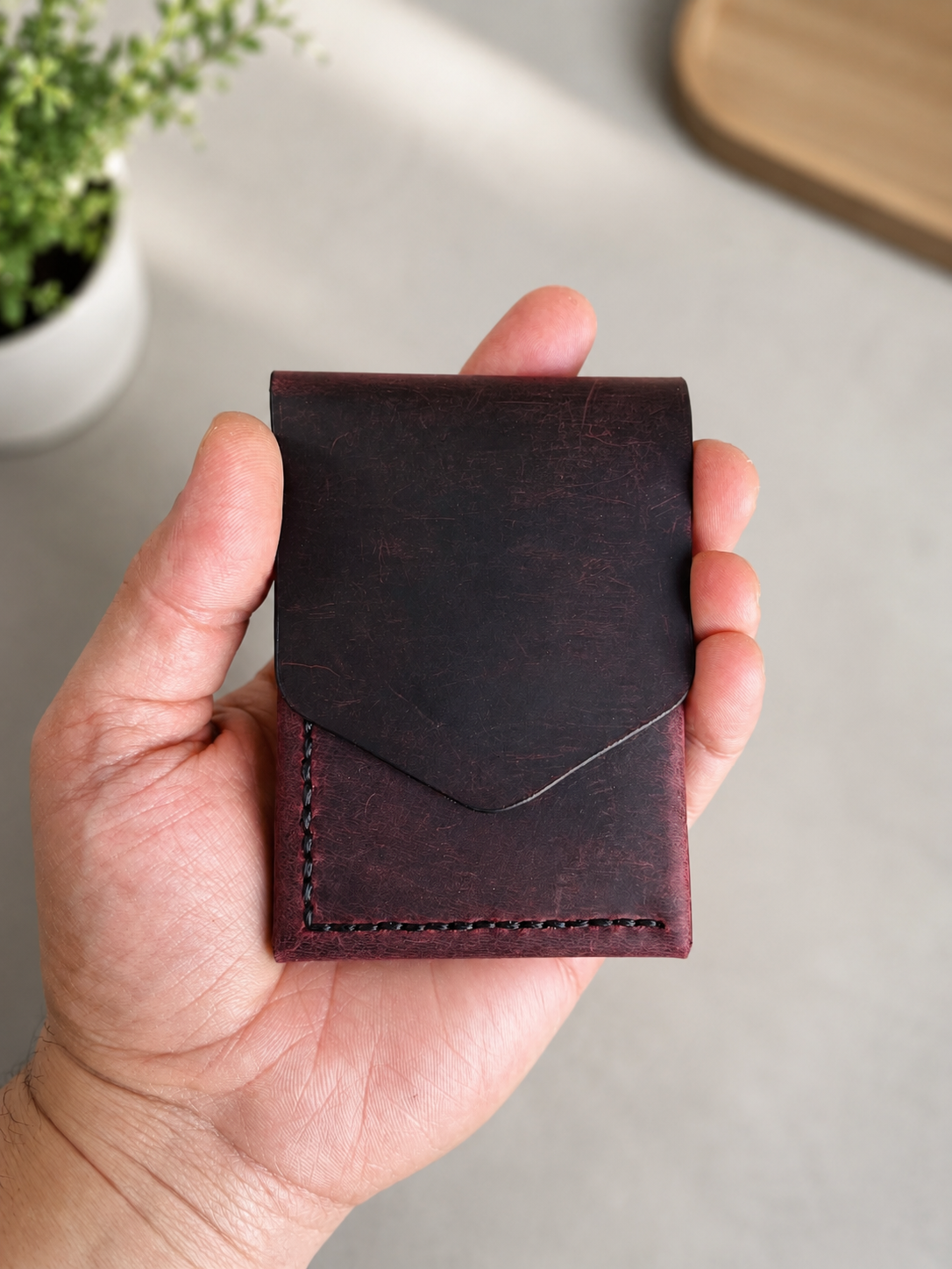 Leather Cash Wallet, Hand Stitched Minimalist Wallet: Cognac