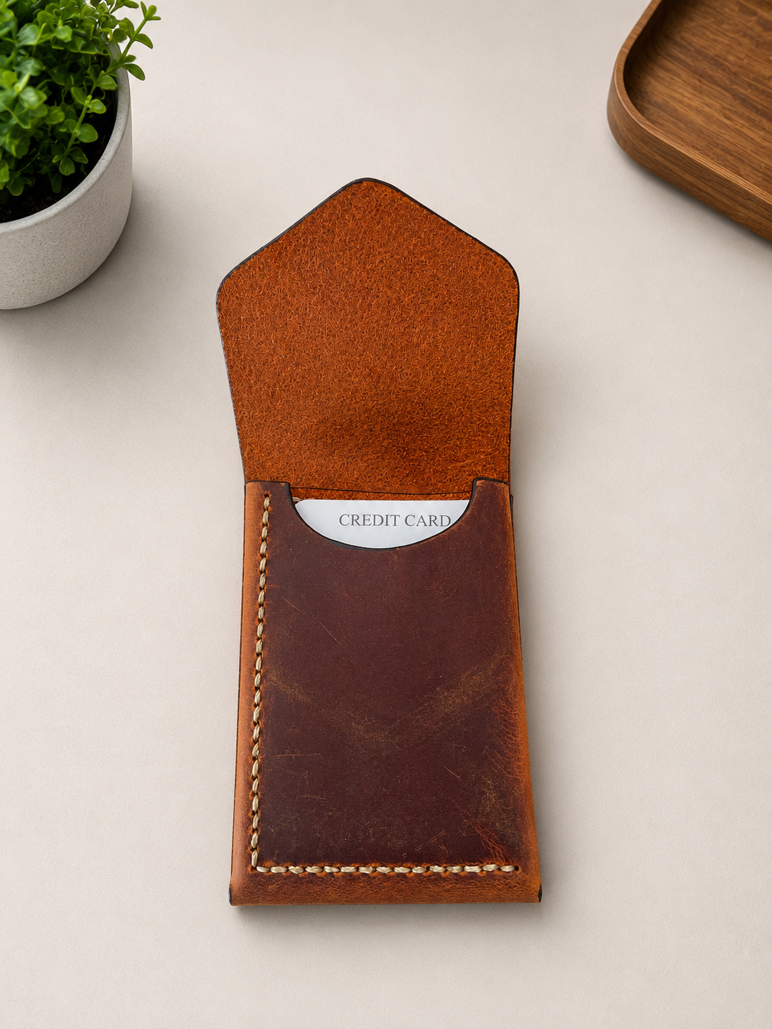 Leather Cash Wallet, Hand Stitched Minimalist Wallet: Brown