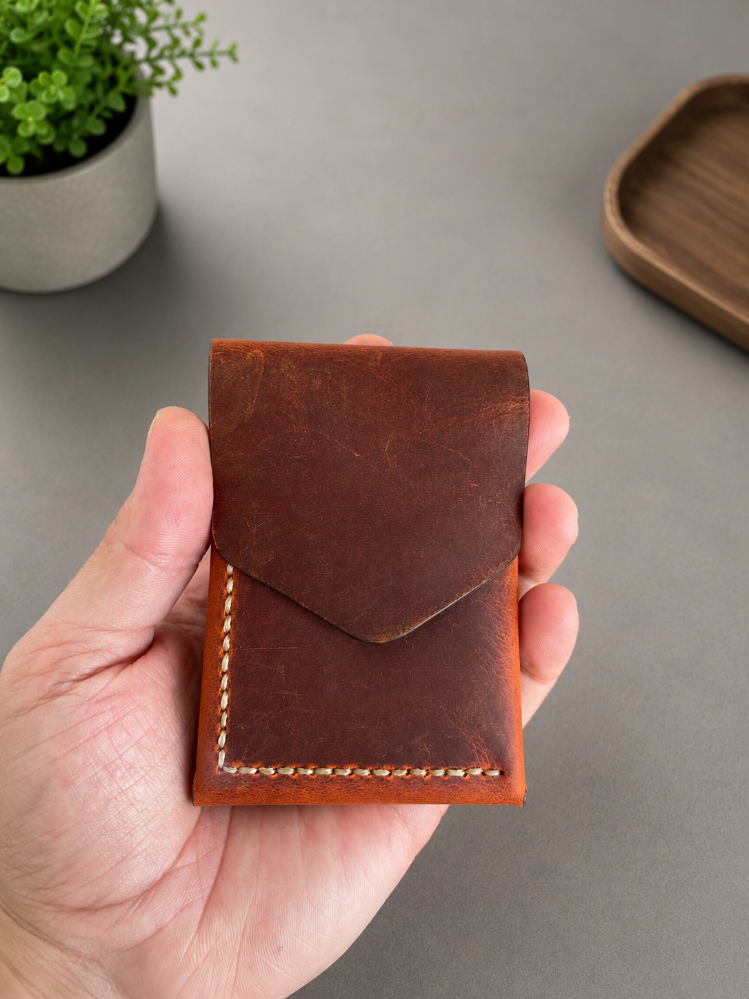 Leather Cash Wallet, Hand Stitched Minimalist Wallet: Brown