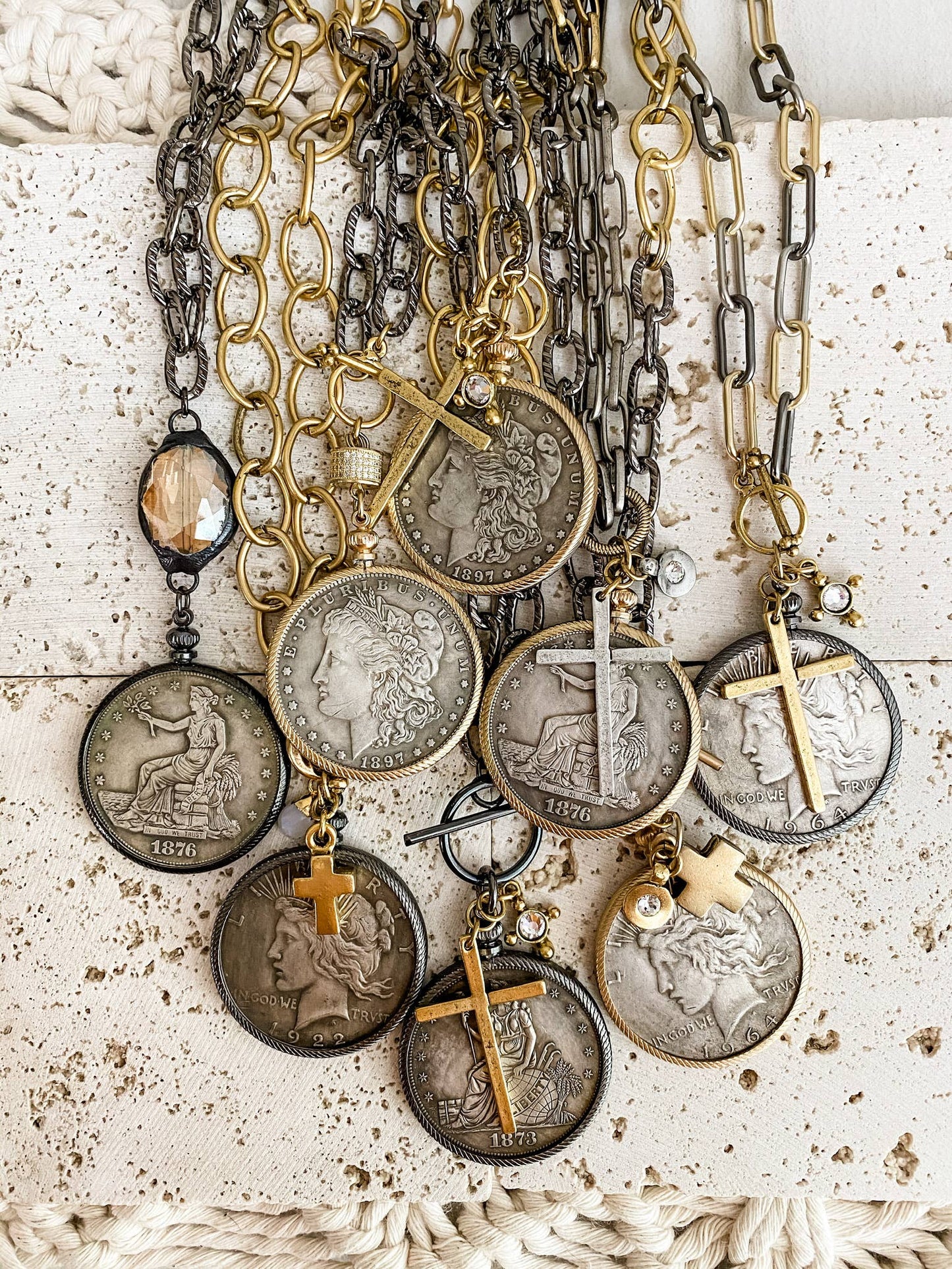 Relic Coin and Cross Necklace: Antique Bronze 30"