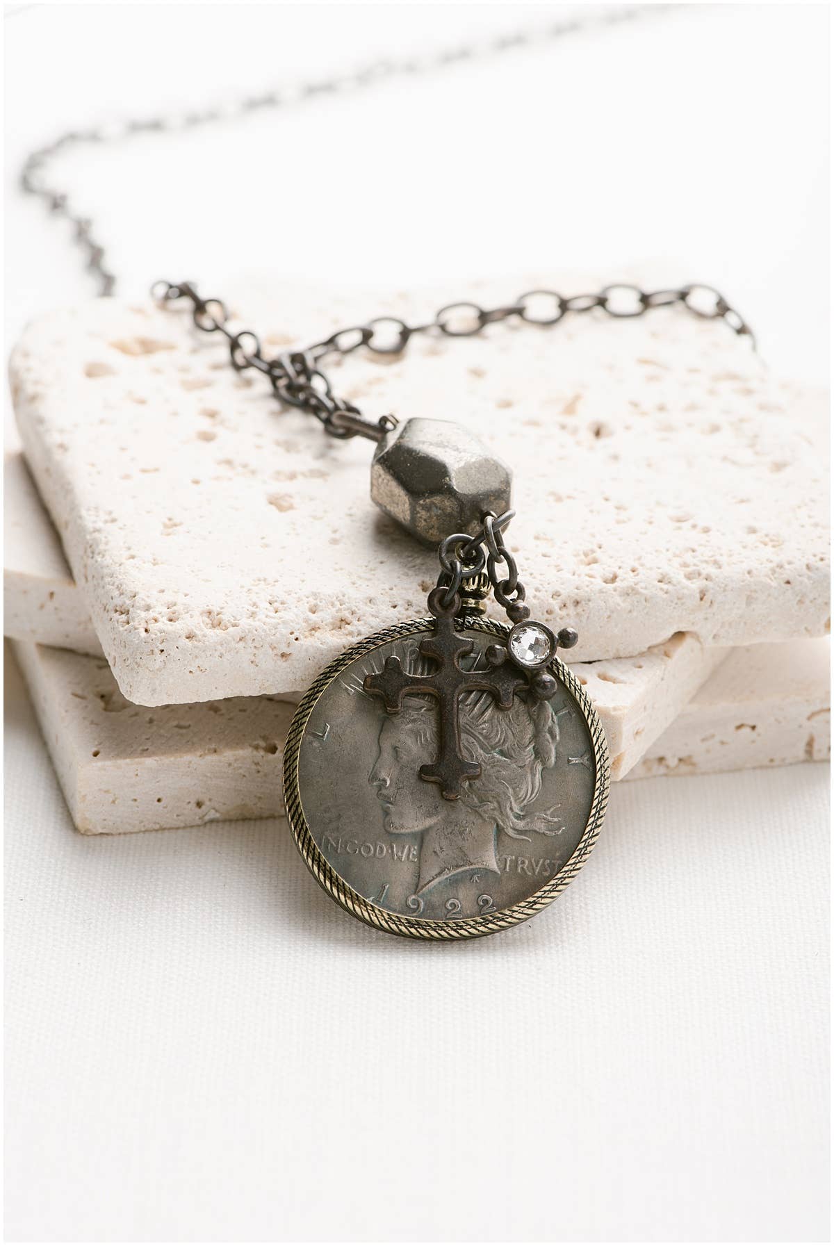 Relic Coin and Cross Necklace: Antique Bronze 30"