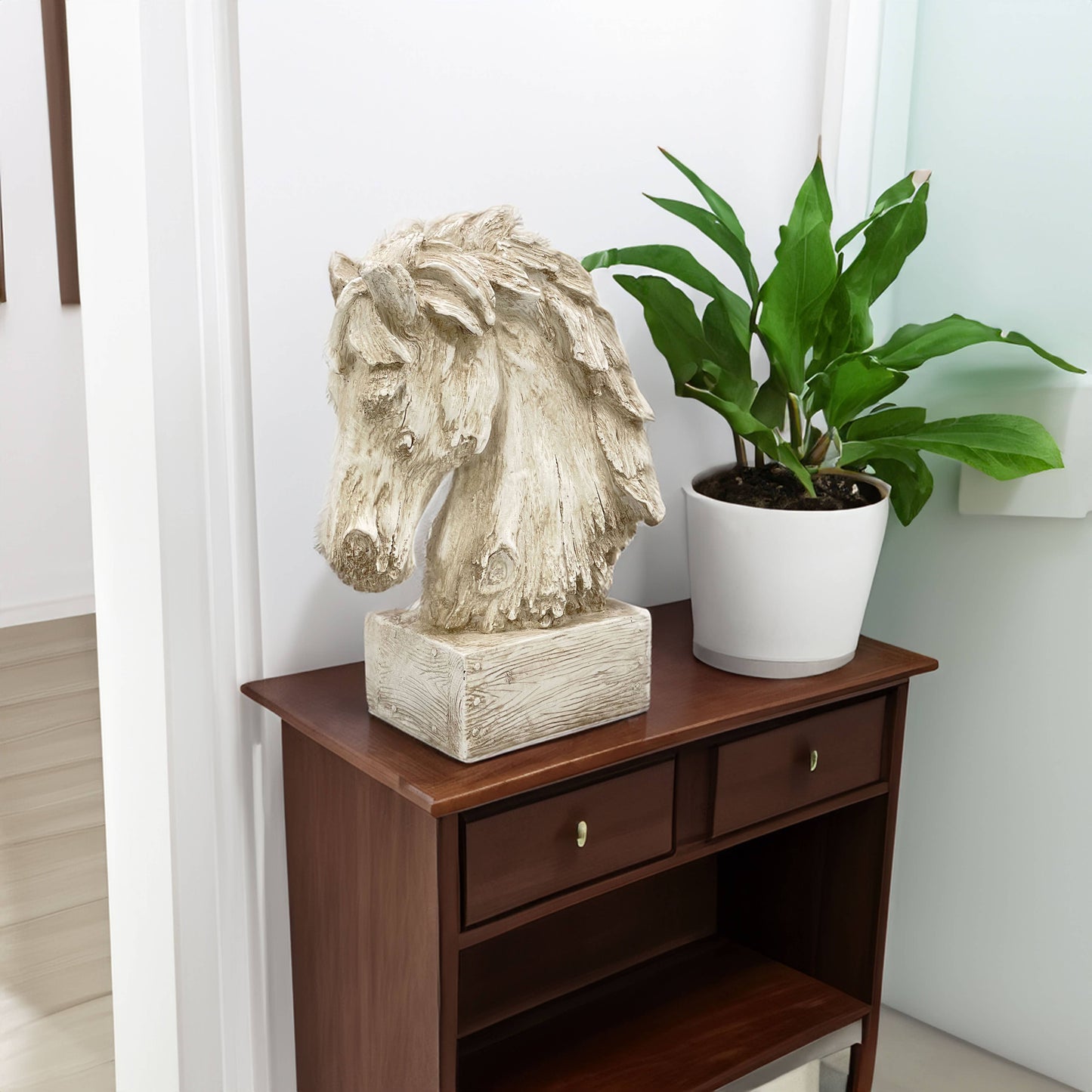18" Horsehead Wood-Like Carving Statue Centerpiece: Beige
