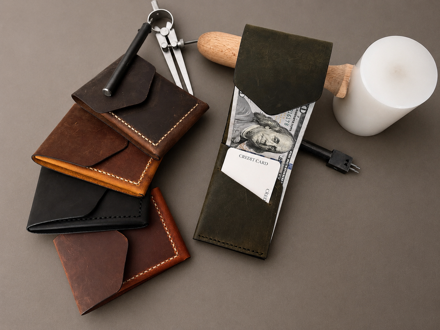 Leather Cash Wallet, Hand Stitched Minimalist Wallet: Gray