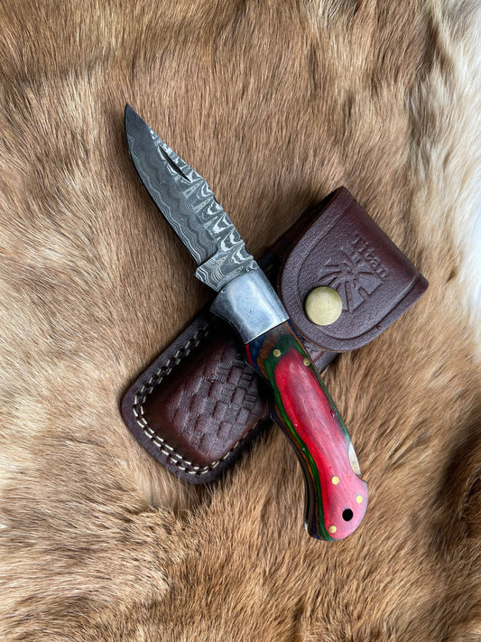 POCKET KNIFE RED DIAMOND WOOD 6.5'' DAMASCUS STEEL KNIFE STE